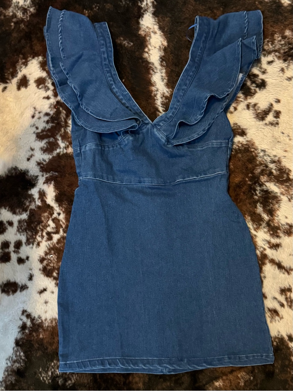 Flying Tomato Dark Blue Ruffled V-Neck Denim Mini Dress - Small